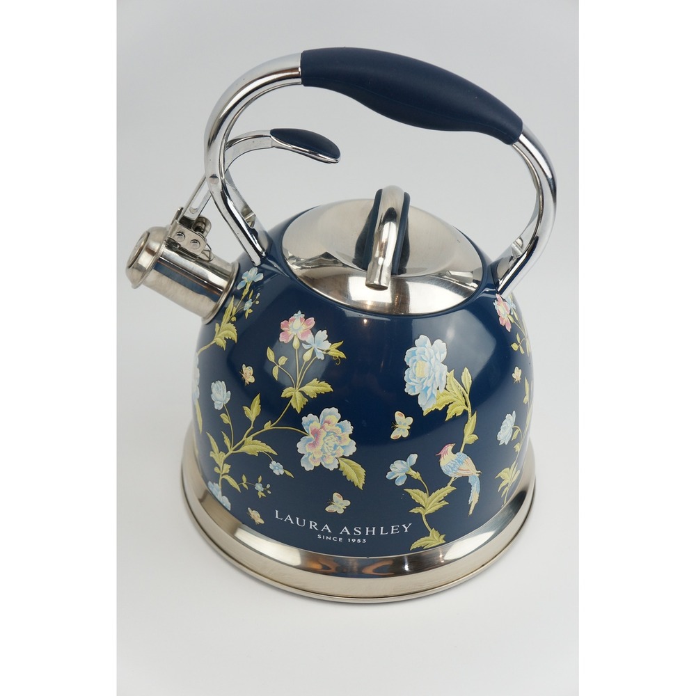 Laura Ashley Elveden 2.5L Tea Kettle Navy Blue Floral Whistling Stovetop EUC